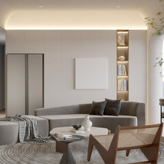 a poster mockup on the wall in modern contemporary living room interior background. 3d illustration
