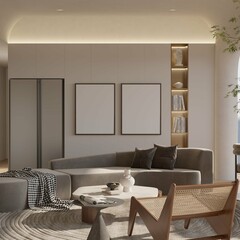 two   poster mockup on the wall in modern contemporary living room interior background. 3d illustration