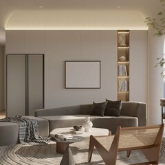a poster mockup on the wall in modern contemporary living room interior background. 3d illustration