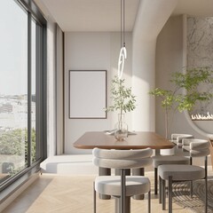 a poster mockup on the wall in modern contemporary dining room interior background. 3d illustration