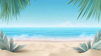 Fototapeta premium Tropical Beach Paradise: Serene Ocean View Framed by Lush Palm Leaves