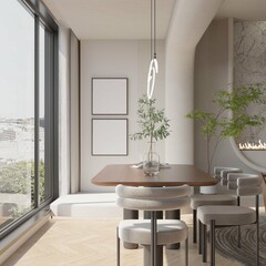 two poster mockup on the wall in modern contemporary dining room interior background. 3d illustration