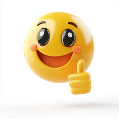 3D Smiling Emoji with Thumbs Up on White Background. A bright yellow 3D emoji with a joyful expression and thumbs-up gesture, symbolizing approval, positivity, and encouragement. 