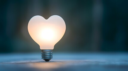 Glowing heart-shaped lightbulb on table, blurred forest background; love, idea, inspiration concept