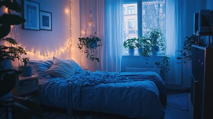 Cozy bedroom with plants and soft lighting in serene atmosphere