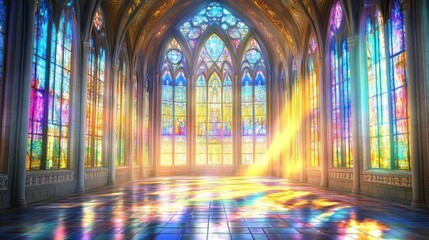 Sunlit cathedral with stained glass