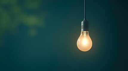 Glowing lightbulb hanging against a dark green, leafy backdrop; idea concept