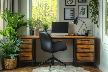 Aesthetic oak wood desk with black metal legs, two drawers, photo frames on white walls, fur carpet, black chair, and tall lamp stand with books in a home office setting.