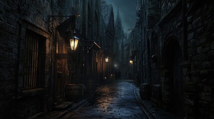 Obraz premium Dark and Mysterious Cobblestone Alley with Vintage Street Lamps
