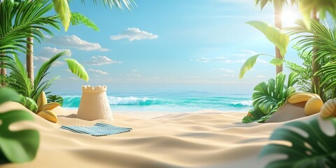 Tropical Beach Paradise: Idyllic Summer Day at the Ocean with a Sandcastle