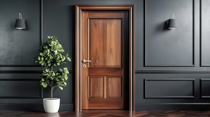 Minimalist decor on a walnut wood door with a grey background.
