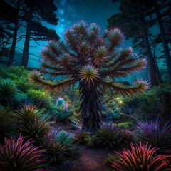 Magical Fantasy World with Monkey Puzzle Trees and Glowing Creatures