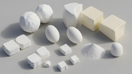 A studio shot of white baking ingredients: eggs, butter, flour, and sugar.  The image is clean and minimalist, ideal for food blogs or recipe websites.