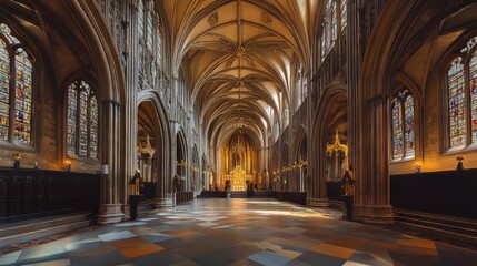 Grand cathedral interior, sunlight streams in.