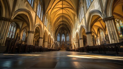 Fototapeta premium Grand church interior, sunlight streams in