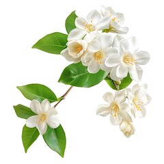 Fototapeta premium White flowers with green leaves isolated on white background.