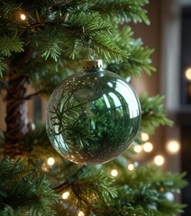 A close-up shot of a sparkling glass ball ornament nestled among lush green branches on a tall Christmas tree, evergreen trees, glass balls, close-up photography