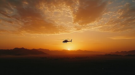 Helicopter Flying Over Mountain Range During Vibrant Sunset Sky