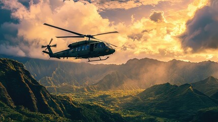 Helicopter Flying Over Mountainous Landscape During Sunset Sky