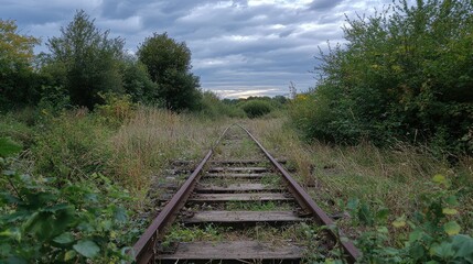 Fototapeta premium Abandoned Railway Track Surrounded by Overgrown Vegetation