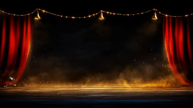 Dramatic festival backdrop with red curtains, warm lights, and smoke creates enchanting stage setting for unforgettable performances in theater.