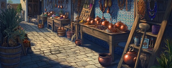Obraz premium Sunlit alleyway market; copper pots, spices, and herbs; cobblestone street; background building