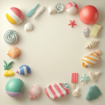 Summer Beach Vacation: Seashells, Beach Balls, and Candy Frame a Delightful Summer Scene