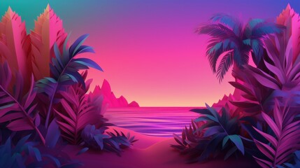 Obraz premium Vibrant Neon Sunset Tropical Beach Paradise: A Surreal Digital Artwork of Pink and Purple Palms, Ocean, and Mountains