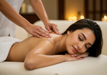 Fototapeta premium Rejuvenating Experience: Back Massage for Young Woman in Spa Salon
