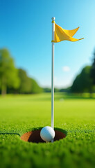 Obraz premium Yellow Golf Flagstick with Golf Ball Close-Up