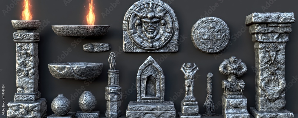Poster ancient stone artifacts display with simulated fire effects in a museum setting