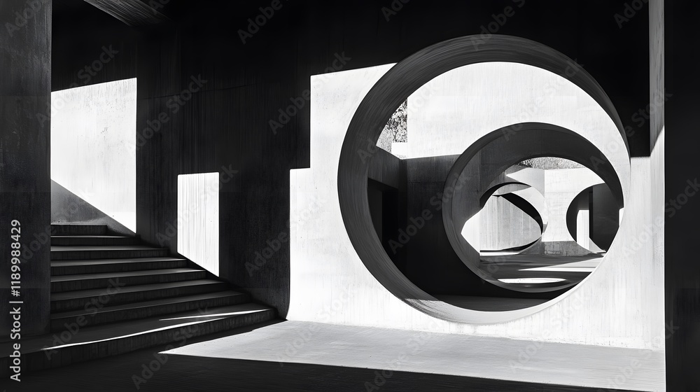 Poster abstract concrete architecture featuring circular openings and stairs