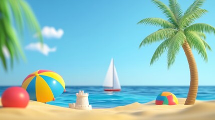 Obraz premium Idyllic Summer Beach Scene: Palm Tree, Sandcastle, and Beach Balls under a Sunny Sky