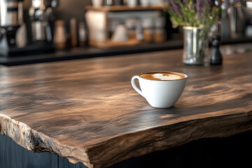 Fototapeta premium Front view of hot cup of coffee on wooden counter with steam rising and rustic wood texture details, capturing cozy cafe ambiance and inviting morning vibes