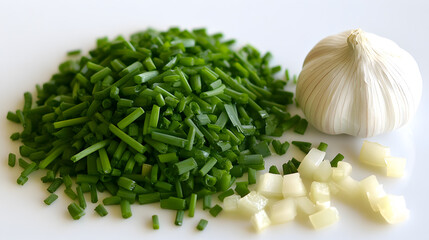 Close-up shot of finely chopped chives, garlic bulb, and diced garlic on a white background. Fresh herbs and spices, perfect for cooking.