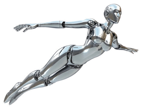 Y2K futuristic chrome woman flying isolated. Melty gloss silver metal mannequin
