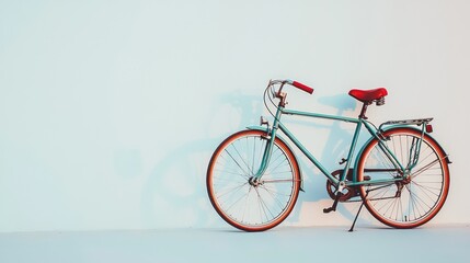 Fototapeta premium Vintage Bicycle Leaning Against Clean Wall in Soft Lighting