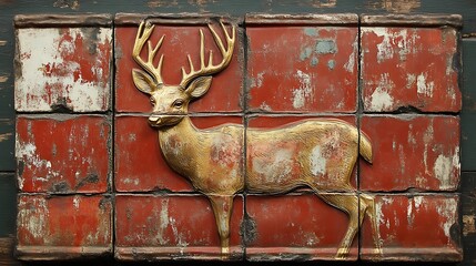 Gold Deer Tile Rustic Decor Wall Art