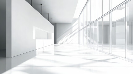 Modern interior of an empty white hall with glass walls, light shadows, and reflections on the floor, minimalist design