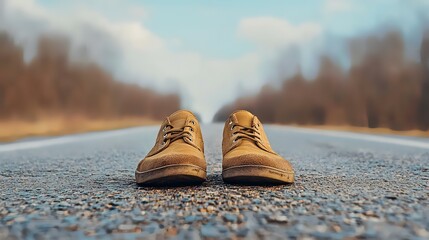 Tan shoes on asphalt road, forest background, journey concept, travel imagery