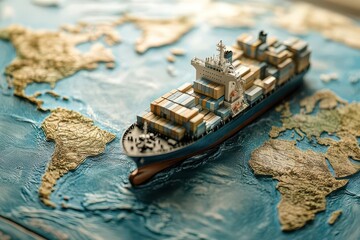 model of a container ship navigating a world map symbolizing globalization and transcontinental trade creative layout with ample copy space