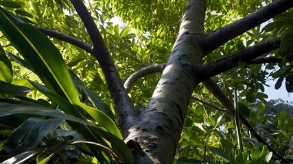 Fototapeta premium Close-Up of Penantia baylisiana Tree with Smooth Greenish-Grey Bark and Dappled Sunlight