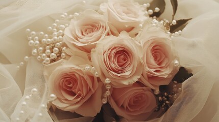 Obraz premium Elegant Peach Roses Bouquet Adorned With Pearls