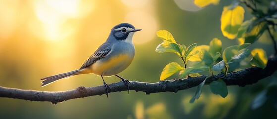 Bird on branch, sunset backdrop, nature scene