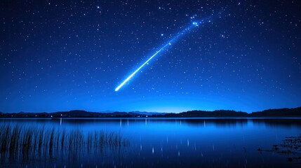 Meteor over serene lake, starry night, mountains, peaceful landscape, travel