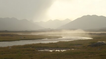 Serene mountain river mist sunrise landscape.