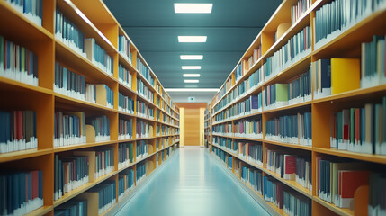 Fototapeta premium Library filled with shelves of books, featuring diminishing perspective and shallow depth of field