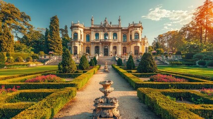 Naklejka premium Majestic Historic Mansion Surrounded by Lush Green Landscapes