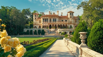 Obraz premium Grand Historic Mansion Surrounded by Lush Gardens and Blue Sky
