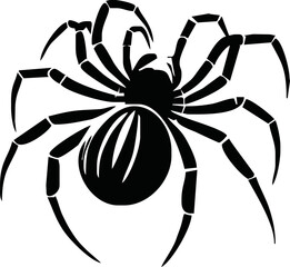 Spider Black Silhouette. Black Widow spider in vector isolated on White. Single Spider Icon or Logo. Good as a design element to Halloween Holidays.